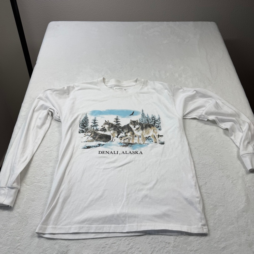 Abercrombie Kids Long Sleeve T-Shirt Youth 15/16 White Good Denali Alaska Wolf